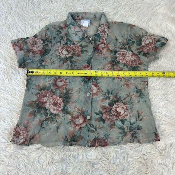 Blair Vintage 90s Women’s Semi Sheer Green Floral Button Front Blouse Size 16P - Picture 4 of 10